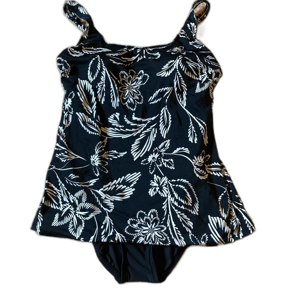 BAL HARBOUR One Piece Slimming Swimsuit Black White Floral Womens Large